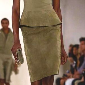 Ralph Lauren Spring 2015 Collection Olive Italian Lamb-suede 2 Pc. Skirt Set
